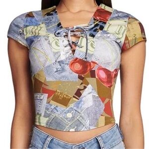 I Am Gia Patchwork Lace-Up Crop Top